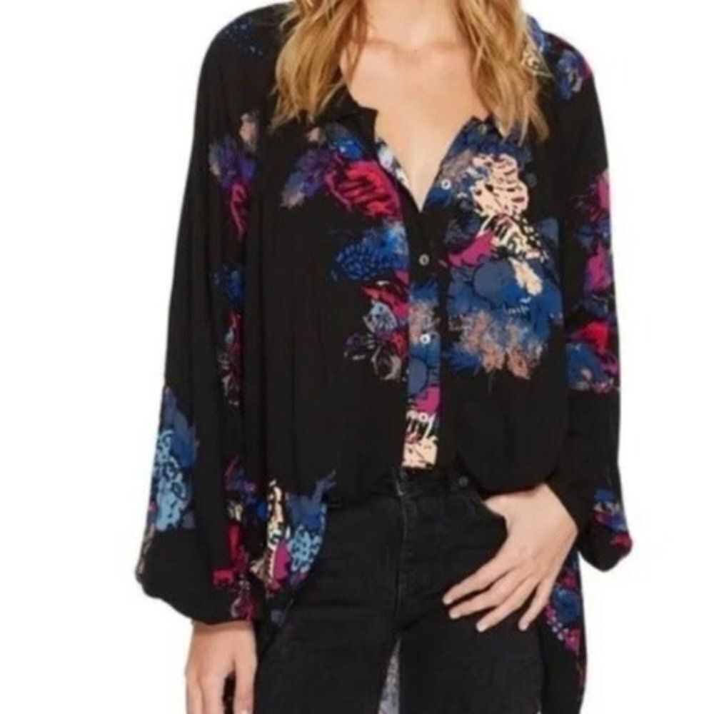 Free People Floral Black Oversized Button Down Long Sleeves Blouse. Size S